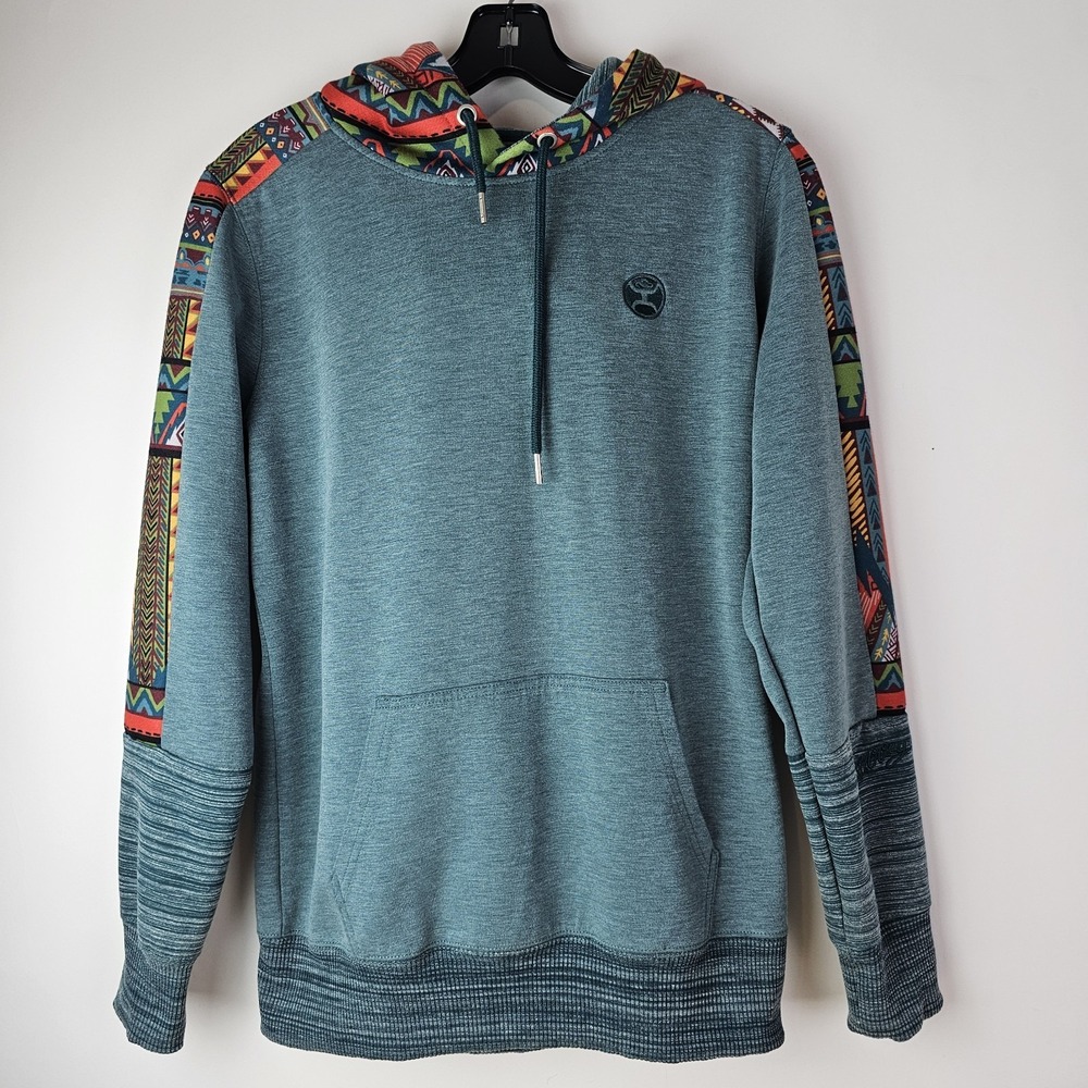Hooey Hoodie Mens Small Blue‎ Southwest Aztec Colorful Pullover Kangaroo Pocket